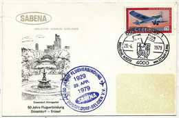 AVION AVIATION AIRWAYS SABENA FDC  50 ANS LIAISON AERIENNE DUSSELDORF-BRUXELLES 1979 - Certificados De Vuelo