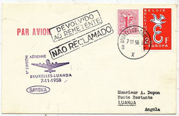 AVION AVIATION AIRWAYS SABENA FDC  1ere LIAISON AERIENNE BRUXELLES-LUANDA 1958 - Brevetti Di Volo