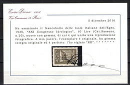 EGEO 1930 CONGRESSO IDROLOGICO 10 LIRE ** MNH LUSSO C. DIENA - Egeo