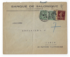 TRESOR Et POSTES 506 Lettre Entête Banque Salonique Constantinople 15c Semeuse 20c Papier GC Yv 139 130 Ob 2 2 1921 - Cartas & Documentos