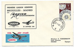 AVION AVIATION AIRWAYS SABENA FDC  1ere LIAISON AERIENNE BOEING MADRID--BRUXELLES 1961 - Brevetti Di Volo