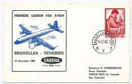 AVION AVIATION AIRWAYS SABENA FDC  1ere LIAISON AERIENNE BRUXELLES-TENERIFE 1962 - Certificats De Vol