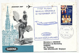 AVION AVIATION AIRWAYS SABENA FDC 1 Ere VOL LIAISON BOEING MANILA-BRUXELLES 1970 - Certificados De Vuelo