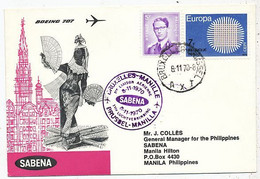 AVION AVIATION AIRWAYS SABENA FDC 1 Ere VOL LIAISON BOEING BRUXELLES-MANILLE  1970 - Certificados De Vuelo