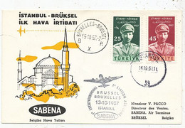 AVION AVIATION AIRWAYS SABENA FDC 1 Ere VOL LIAISON ISTANBUL-BRÜKSEL ILK HAVA IRTIBATI 1957 - Certificats De Vol