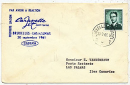 AVION AVIATION AIRWAYS SABENA FDC 1 Ere VOL LIAISON CARAVELLE BRUXELLES-LAS PALMAS  1961 - Flight Certificates