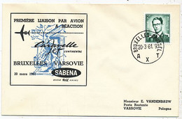 AVION AVIATION AIRWAYS SABENA FDC 1 Ere VOL LIAISON CARAVELLE BRUXELLES-VARSOVIE1961 - Brevetti Di Volo