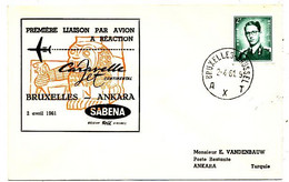 AVION AVIATION AIRWAYS SABENA FDC 1 Ere VOL LIAISON CARAVELLE BRUXELLES-ANKARA 1961 - Certificats De Vol