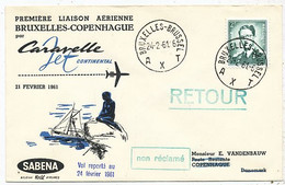 AVION AVIATION AIRWAYS SABENA FDC 1 Ere VOL LIAISON CARAVELLE BRUXELLES- COPENHAGUE 1961 - Flight Certificates