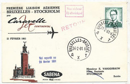 AVION AVIATION AIRWAYS SABENA FDC 1 Ere VOL LIAISON CARAVELLE BRUXELLES- STOCKHOLM  1961 - Vliegvergunningen