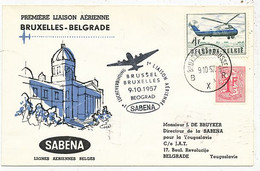 AVION AVIATION AIRWAYS SABENA FDC 1 Ere VOL LIAISON BRUXELLES-BELGRADE 1957 - Certificats De Vol