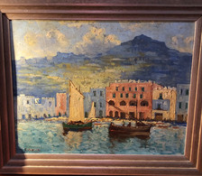 Guido Odierna (1913-1991) Rare Early 1937 CAPRI ISLAND & BOAT Impressionist Oil Painting  (art Italy Napoli Campania - Olii