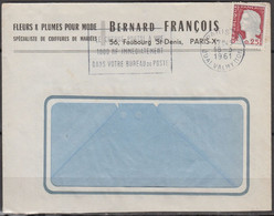 Enveloppe Fenetre  à En-tete Pub  De PARIS X  " Fleurs Et Plumes Pour MODE..."  Le 18 3 1961 Avec Mne De DECARIS 25c - Brieven En Documenten