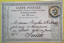 PARIS ÉTRANGER 1876cad Bleu RARE Carte Postale Précurseur>Le Pont Vallée De Joux VD SUISSE(France Cérès 59 Horlogerie - 1849-1876: Klassieke Periode