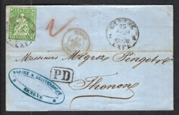 SUISSE 1863:  LSC De Genève (GE) à Thonon (Hte Savoie, France) Affr. De 40r Avec Le ZNr. 26G - Lettres & Documents