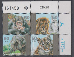 ISRAEL 1992 JERUSALEM ZOO PANTHERA LION ELEPHANT MONKEY CHIMPANZEE PLATE BLOCK - Unused Stamps (without Tabs)