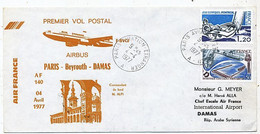 AVION AVIATION AIRLINE AIR FRANCE PREMIERE VOL POSTAL AIRBUS PARIS-BEYROUTH-DAMAS 1977 - Vliegvergunningen