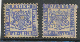 BADEN 1865, 6 Kr. Ultramarin (Farbschattierungen, Linker Marke ABART: Siehe Wappenschild) 2 Ungebrauchte Marken – - Ungebraucht