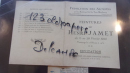 ♥️ ♥️BERRY INDRE INVITATION CATALOGUE  HENRI JAMET PEINTRE  1929 FEDERATION DES ARTISTES RUE DE LA TOUR MAUBOURG - Centre - Val De Loire