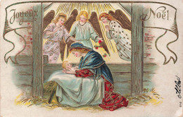 CPA Joyeux Noel - Marie Et Jésus Dans La Crèche Avec Les Anges - Carte Circulée Le 25 Décembre - Relief - Santa Claus