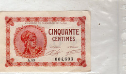 Billet De La Chambre De Commerce De Paris - 0,50 Centimes Serie A.89 - 1920  En Trés Bon état - - Chambre De Commerce