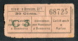 Ticket De Tramway Début XXe "Tranvias De Barcelona SA - 30 Cents" Tramways De Barcelone - Europa