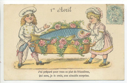 CPA Fantaisie 1er Avril - Illustration Enfants Habillés En Cuisiniers - Poisson, Roses - Sonstige & Ohne Zuordnung