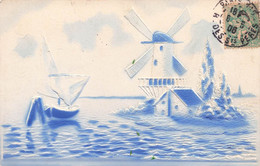 Jolie CPA Fantaisie Bleu Avec Bateau Et Moulin - Carte En Relief - Carte Circulée En 1908 - Autres & Non Classés