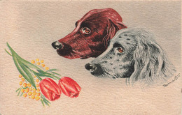 CPA Illustrateur Signé Bernet - Illustration De Deux Chiens Et Tulipes - Otros & Sin Clasificación