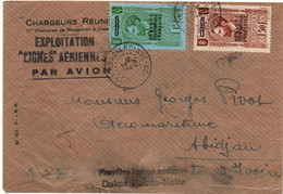 1937 - ENVELOPPE PAR AVION De POINTE NOIRE (AEF MOYEN CONGO) PREMIERE LIAISON AERIENNE DAKAR POINTE NOIRE Pour ABIDJAN - Lettres & Documents