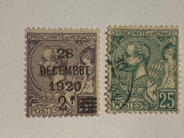 Monaco Lot 2 Timbres Albert N• 50 Et 16(?) Surchargé 20 Décembre 1920 5f Et 25c - Autres & Non Classés