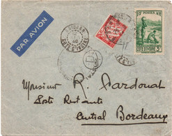 1940 - ENVELOPPE PAR AVION D'ABIDJAN (COTE D'IVOIRE) Pour BORDEAUX Avec TAXE 30 CTS - CACHET CONTROLE POSTAL - Storia Postale