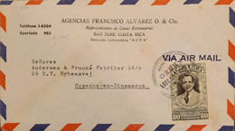 J) 1959 COSTA RICA, CARLOS LUIS VALVERDE, BENEMERIT OF THE COUNTRY, AIRMAIL, CIRCULATED COVER, FROM COSTA RICA TO DENMAR - Costa Rica