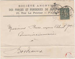 Perforé - Perfin - Semeuse Lignée Perforé SM Sur Lettre De Paris Pour Bordeaux - Storia Postale