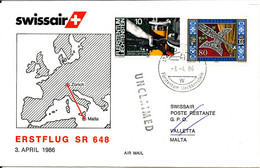 Liechtenstein Swissair First Flight Zurich - Valetta 3-4-1986 - Covers & Documents