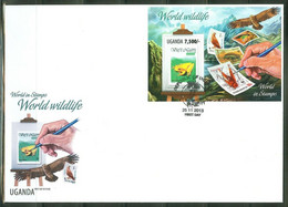 Uganda 2013, Stamp On Stamp, WWF, Frog, Huran Gutan, Eagle, BF In FDC - Chimpancés