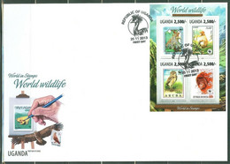 Uganda 2013, Stamp On Stamp, WWF, Leopard, Monkey, Owl, 4val In BF FDC - Chimpansees