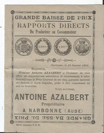 Publicité Ancienne -Antoine Azalbert Propriétaire à Narbonne  Vin - Tarifs - Publicités