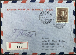 Liechtenstein 1946: ERSTFLUG SCHWEIZ > USA R-Brief Mit Zu 202 Mi.238 Yv 213 Ab VADUZ 12.I.46 Via GENÈVE (LBK CHF 120.00) - Air Post