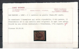 SAN MARINO 1892 1 L. ROSSA USATA OTTIMA CENTRATURA CERT. BIONDI - Used Stamps