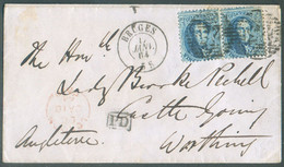 N°15(2) - Médaillons 20 Centimes Bleus (x2), Obl. P.23 à Barres Sur Enveloppe De BRUGES Le 17 Janvier 1864 (expéditeur : - 1863-1864 Medaglioni (13/16)