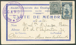 N°164-183 - 3 Centimes Emission 1915 En Combinaison Avec 25c. Perron De Liège, Obl. Sc GENT Sur Carte De Membre (Société - 1915-1920 Alberto I