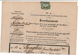 Taxe Municipale Sur Les Chiens Angers 1864 Avec Timbre - Ohne Zuordnung