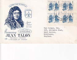CANADA 1962 JEAN TALON BLOCK FDC COVER TO ENGLAND. - Covers & Documents