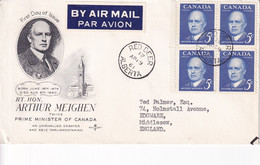 CANADA 1961 ARTHUR MEIGHEN BLOCK FDC COVER TO ENGLAND. - Lettres & Documents