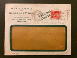 LETTRE TP PAIX 50c Perforé BP OBL.MEC.19 VIII 1937 BORDEAUX BOURSE GIRONDE SOCIETE GENERALE DES HUILES DE PETROLE + 2 FA - Brieven En Documenten