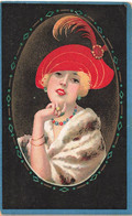 CPA Illustrateur Portrait De Femme Noir Rouge Et Doré - Chapeau à Plume - Zonder Classificatie