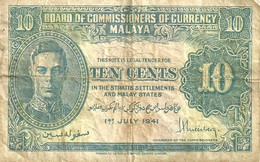 MALAYSIA MALAYA BRITISH 10 CENTS BLUE KGVI FRONT UNIFACE  DATED 01-07-1941 F+ P8 READ DESCRIPTION!! - Maleisië