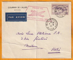 1937 - Enveloppe De Moulins, Allier Vers Milano Milan, Italia Par 1er Vol PARIS TORINO Turin - Cad Arrivée - 1927-1959 Covers & Documents