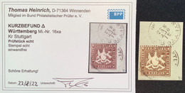Württemberg Mi.16xa, 1860 1 Kr Braun Dickes Papier Gestempelt KB Thomas Heinrich BPP (Wurtemberg Cert XF Used - Afgestempeld